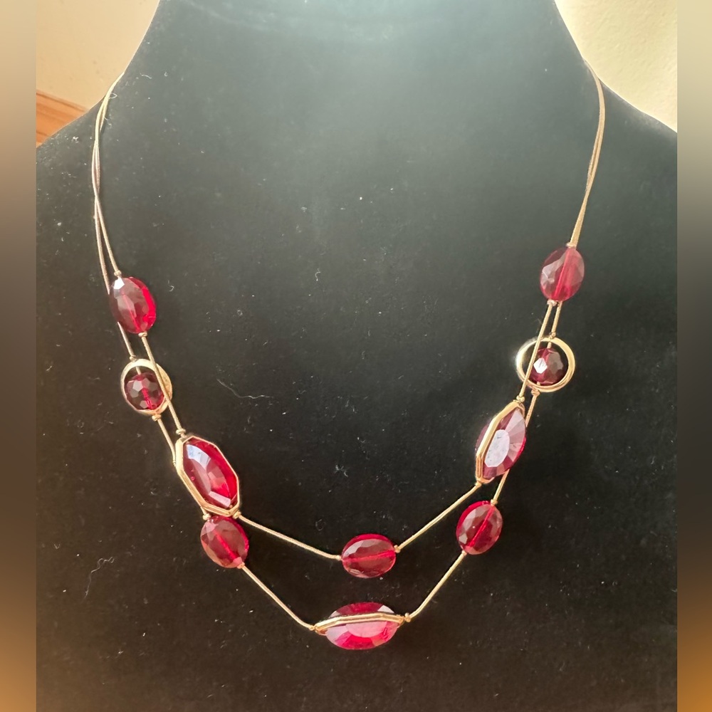 ✨ Double Strand Gold-Tone Necklace w/ Red Glass Beads (Adjustable)